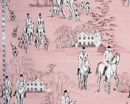 Horse Hunt Fabric - Equestrian, Hounds, Modern Toile, Pink
