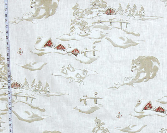 Winter fabric bear snow alpine cabin lodge decor linen white Remnant-34"