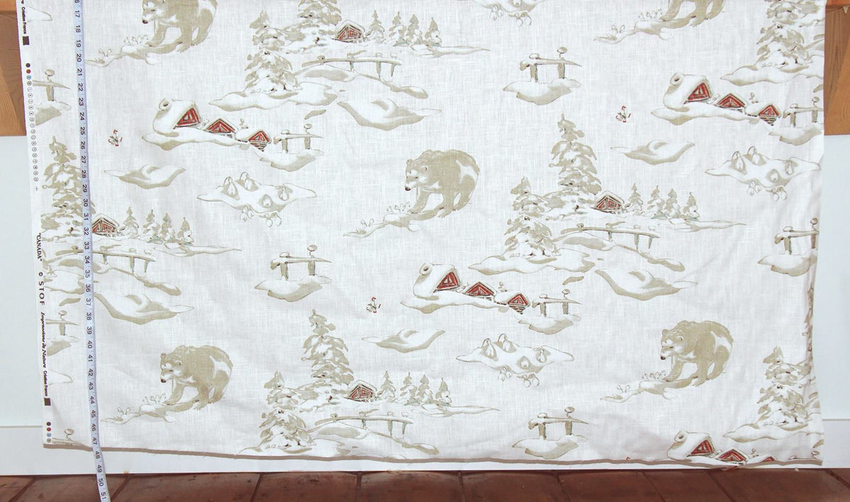 Winter fabric bear snow alpine cabin lodge decor linen white Remnant-34"