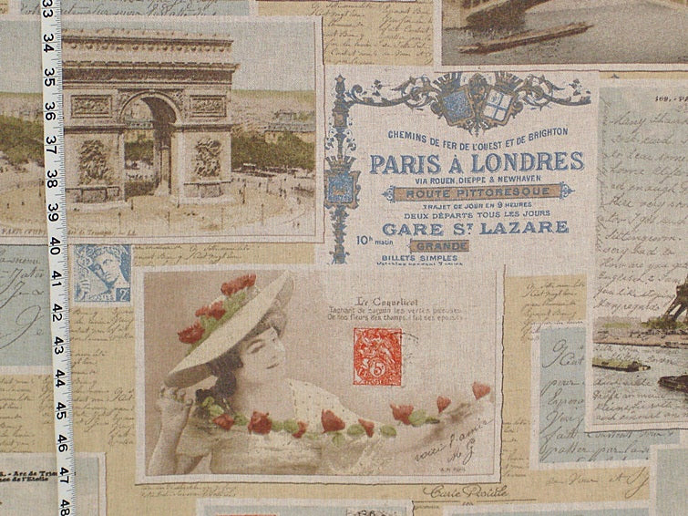 Vintage Paris France postcard fabric French Eiffel Tower