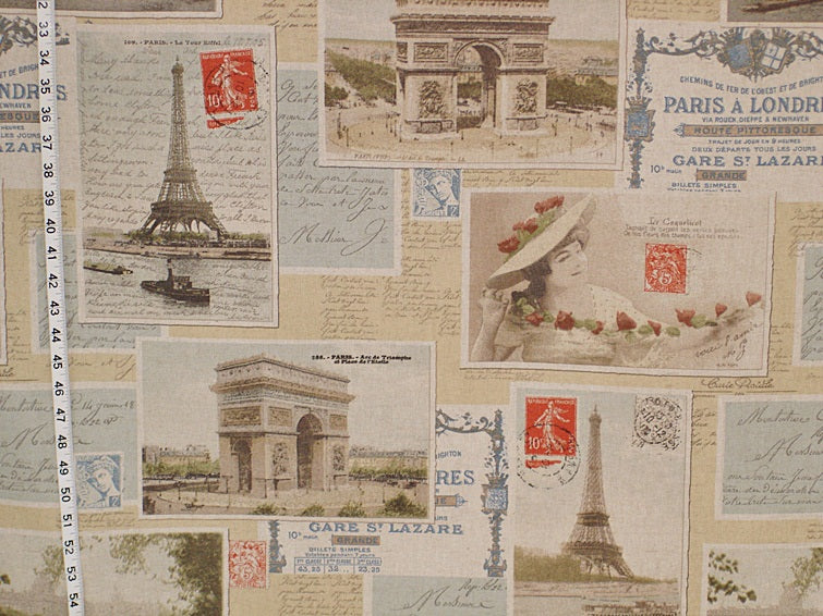 Vintage Paris France postcard fabric French Eiffel Tower