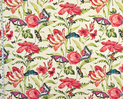 Tulip Fabric, Red Rose, Lilly, Poppy, Butterfly, Salmon-Coral