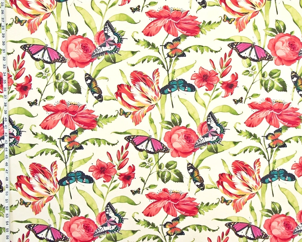 Tulip Fabric, Red Rose, Lilly, Poppy, Butterfly, Salmon-Coral