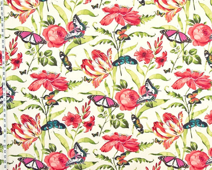 Tulip Fabric, Red Rose, Lilly, Poppy, Butterfly, Salmon-Coral