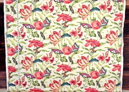 Tulip Fabric, Red Rose, Lilly, Poppy, Butterfly, Salmon-Coral