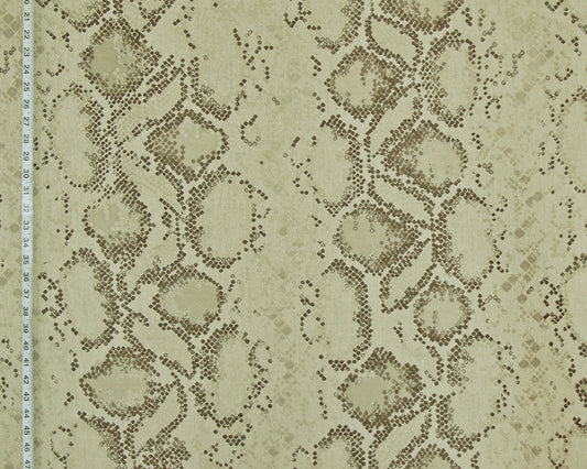 Beige and brown snakeskin pattern fabric with a scale design, shown with a measurement ruler on the left edge.