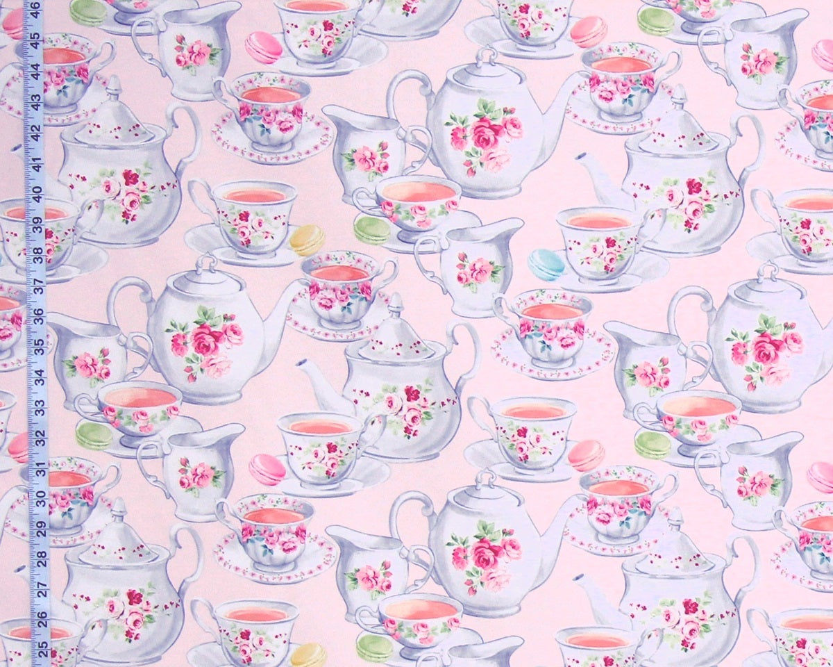 Pink teapot fabric vintage rose china teacup