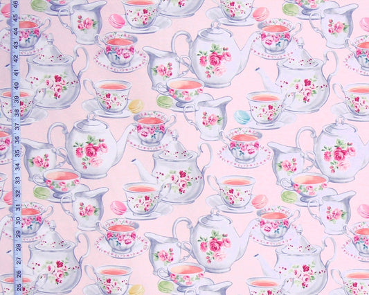 Pink teapot fabric vintage rose china teacup
