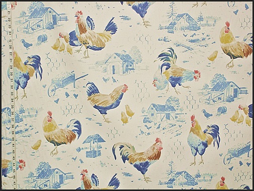 BLUE CHICKEN WIRE ROOSTER TOILE FABRIC