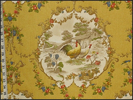 Red rooster toile fabric country peacock chickens from Brick House