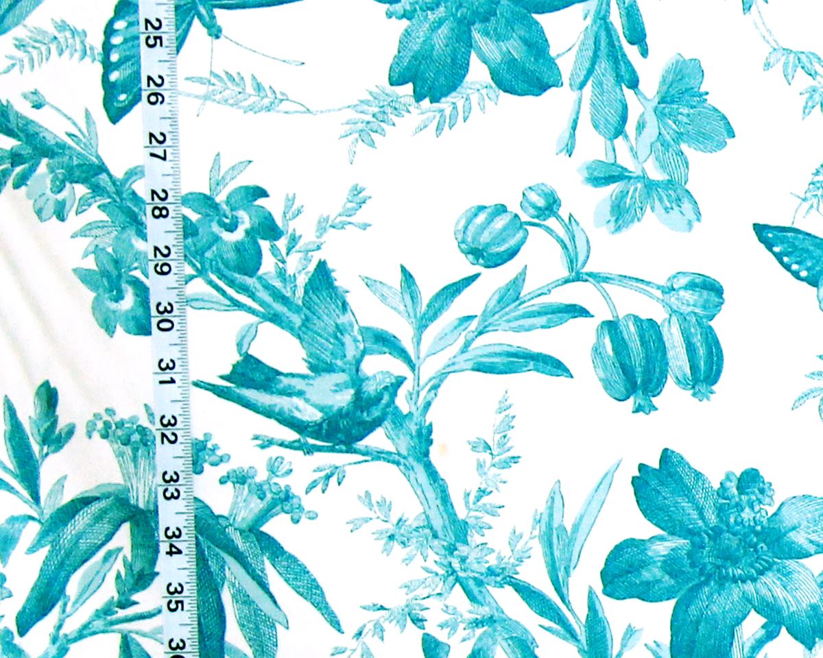 Teal blue toile fabric bird butterfly passion flowers- Second- 68"