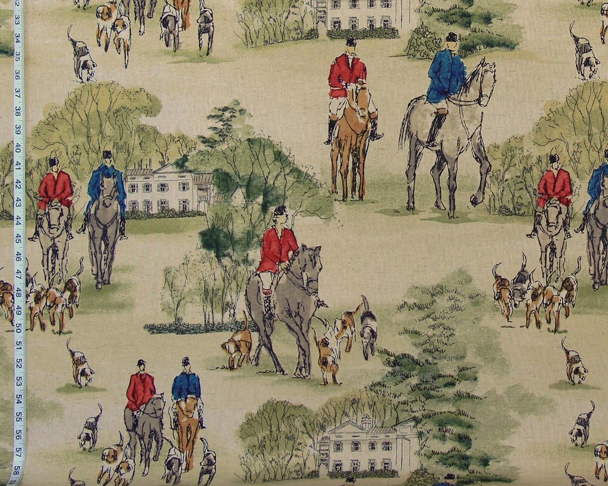 Horse hunt fabric equestrian hounds toile red blue