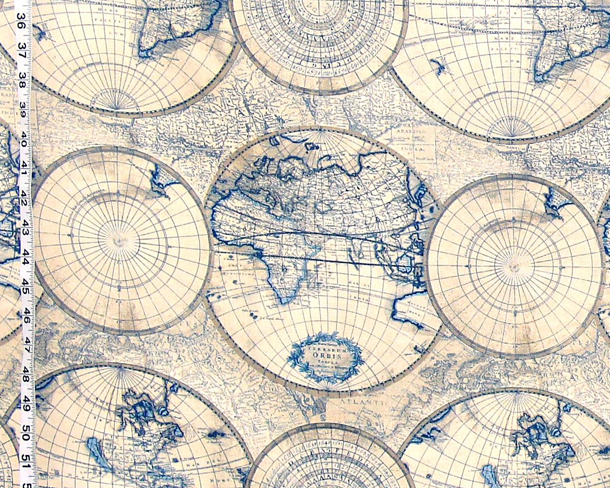 World map fabric blue charts from Brick House Fabric