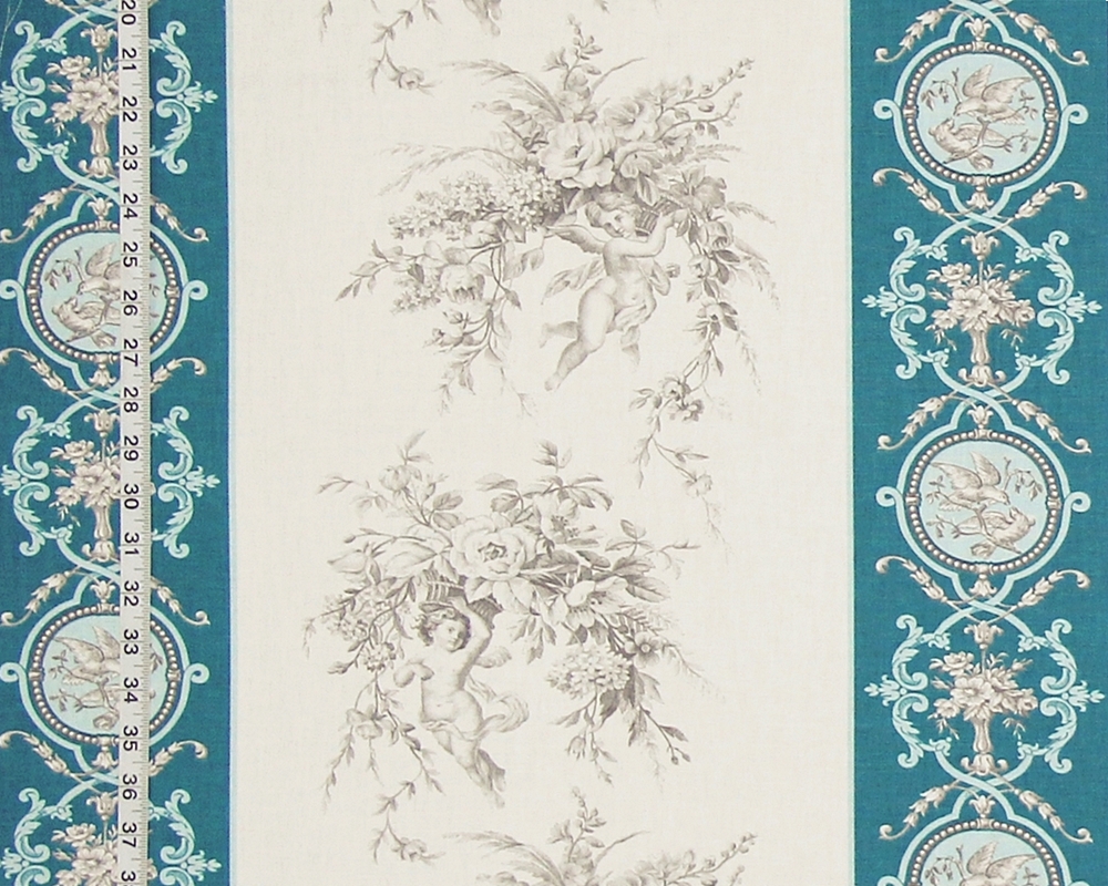 French angel toile fabric teal blue stripe