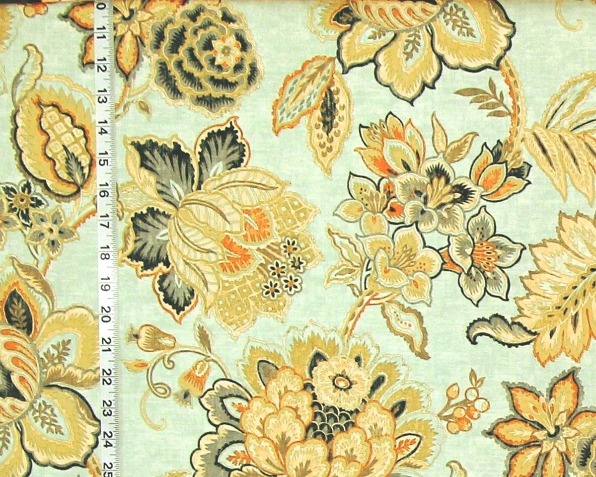 GREY ORANGE AQUA INDIENNE FLORAL FABRIC