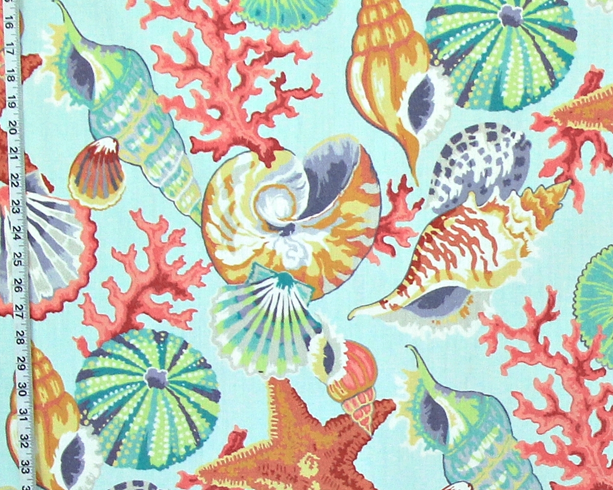 AQUA SEASHELL CORAL FABRIC