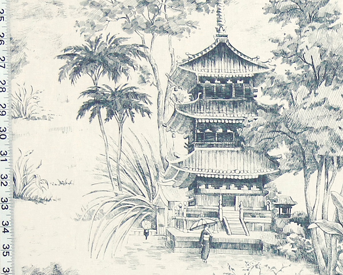 Blue pagoda toile fabric tropical Asian chinoiserie