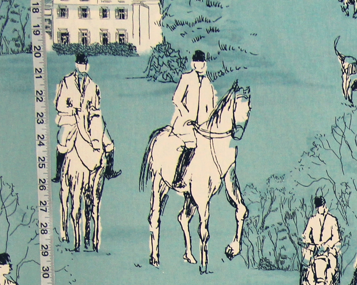 Horse hunt fabric blue equestrian modern toile