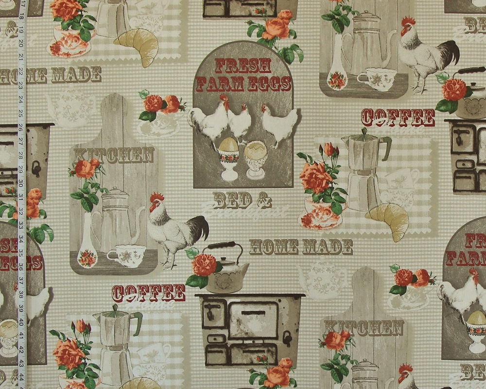 Country Chicken Fabric with Orange Roses