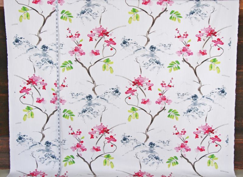 Cherry Blossom Fabric with Ink Wash Literati