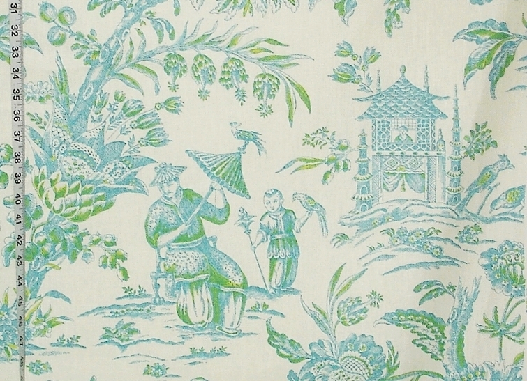 Blue Green Oriental Toile Fabric