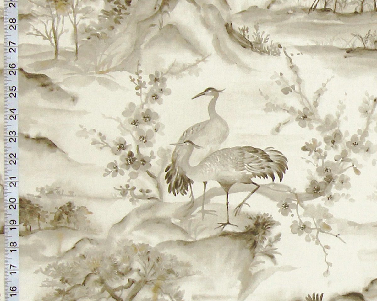 Grey brown crane chinoiserie fabric Asian toile mountain