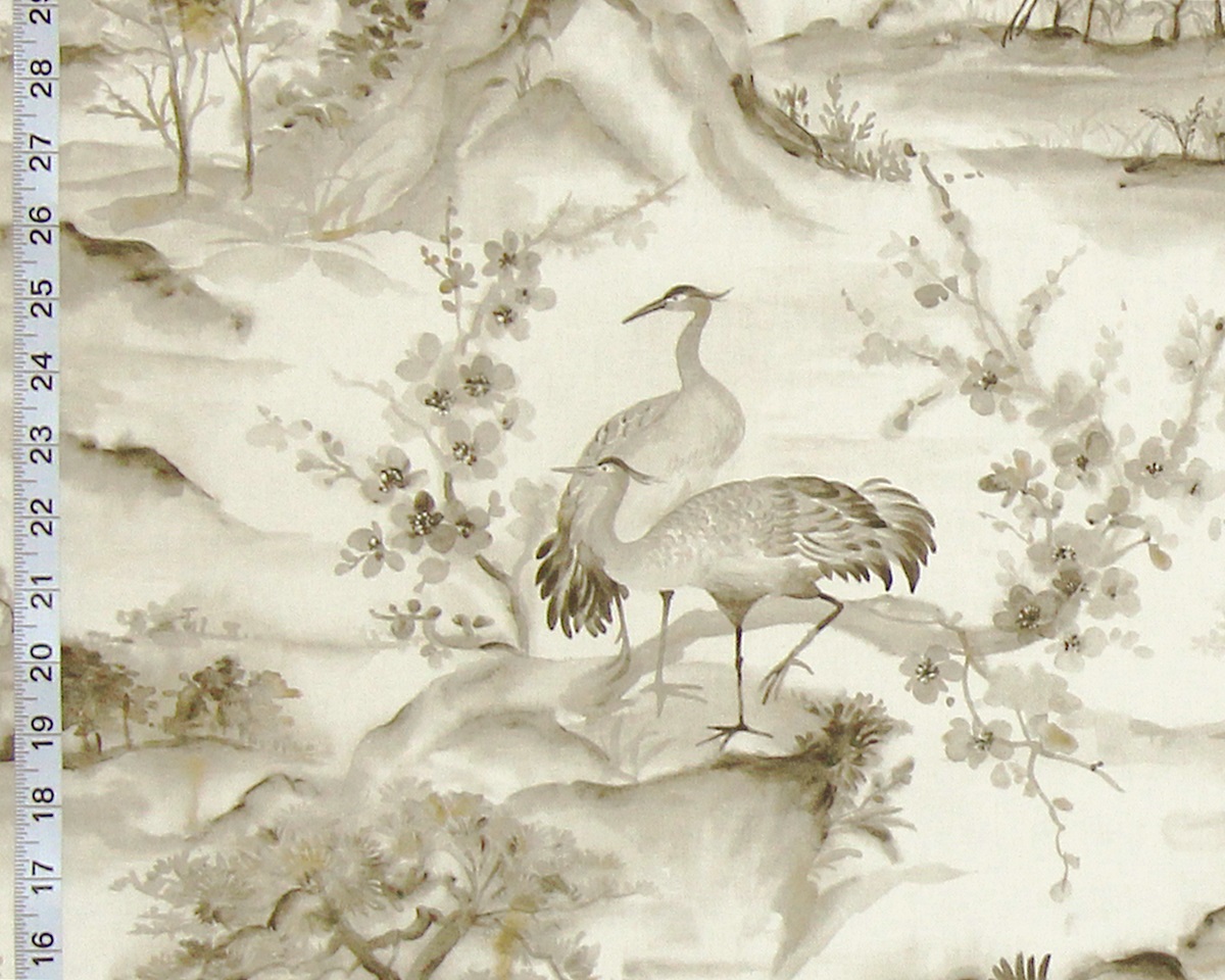 Grey brown crane chinoiserie fabric Asian toile mountain