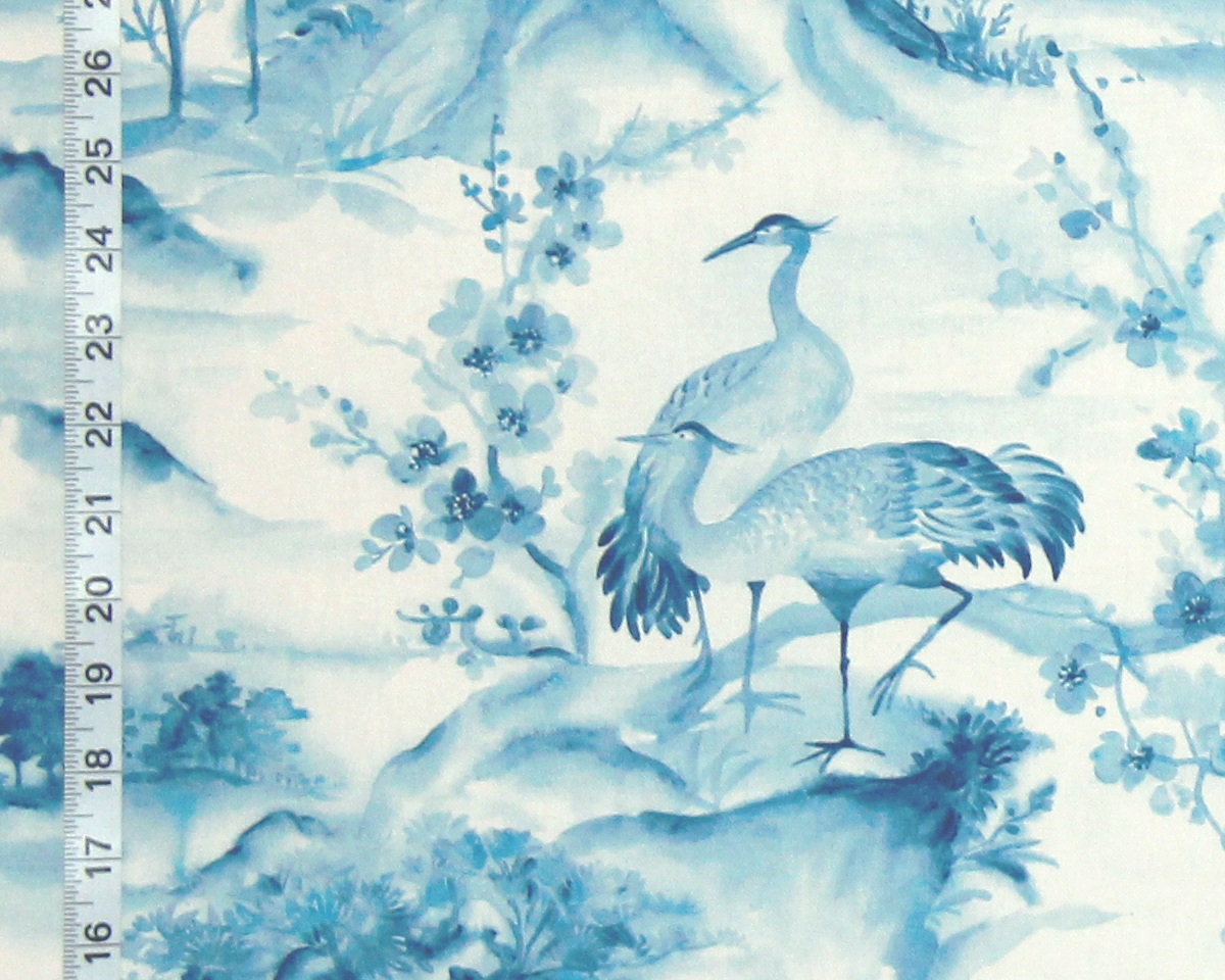 Blue crane chinoiserie fabric Asian toile mountain