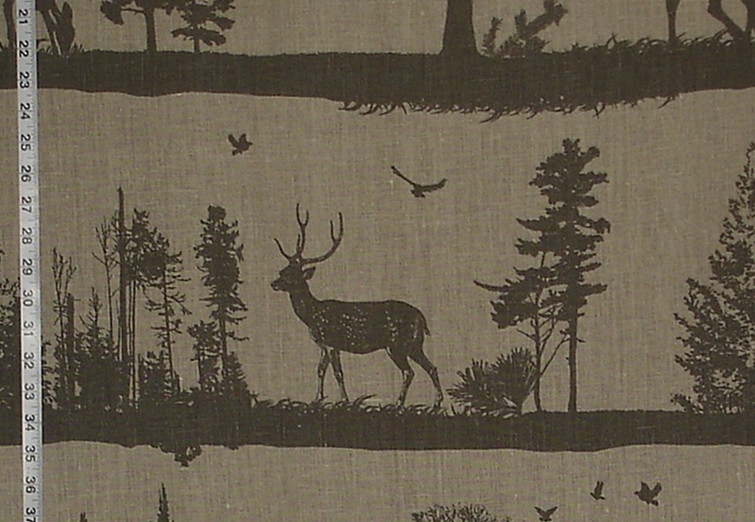 Deer fabric lodge decor silhouette grey brown linen