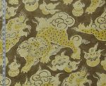 Asian Oriental dragon fabric Foo Dog lion taupe gold yellow linen