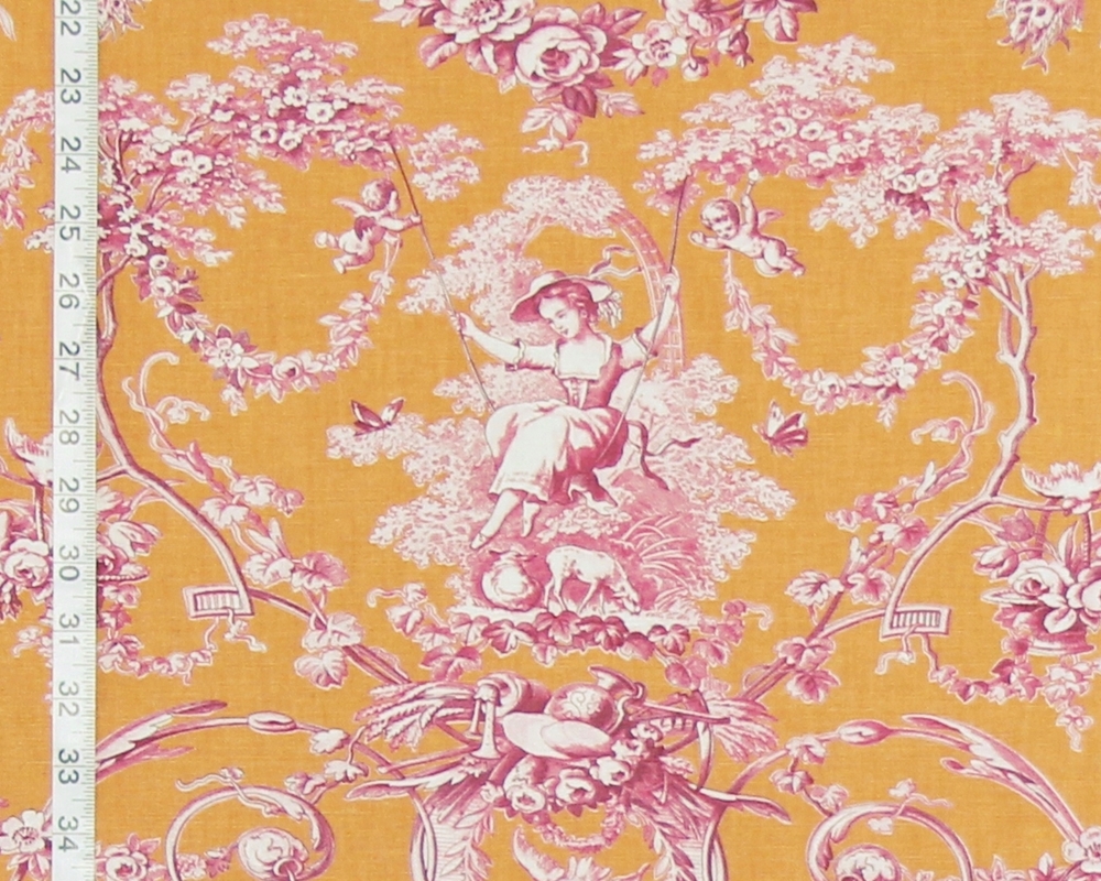 FRENCH ORANGE VIOLET PINK TOILE FABRIC