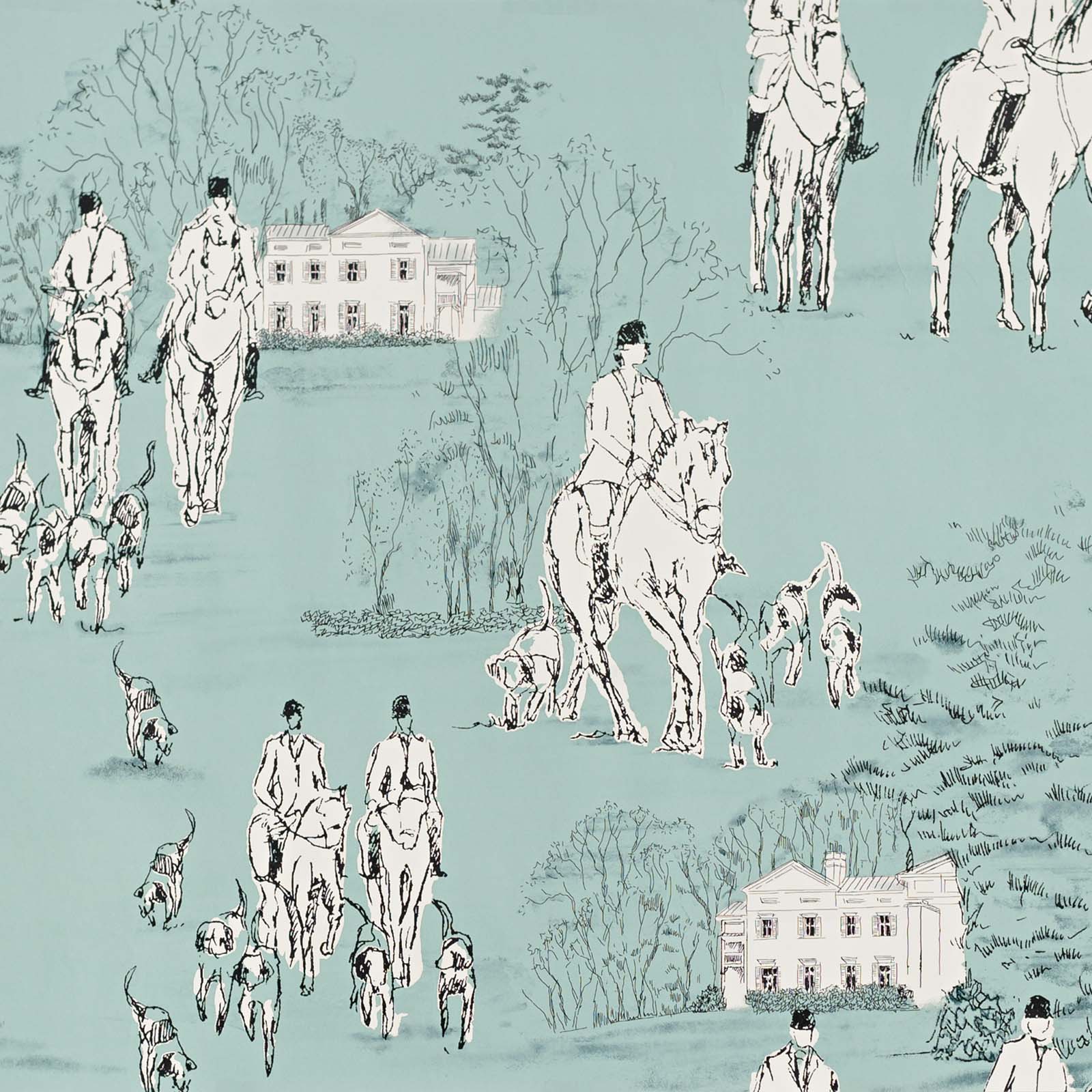 Horse hunt Wallpaper equestrian hounds toile blue