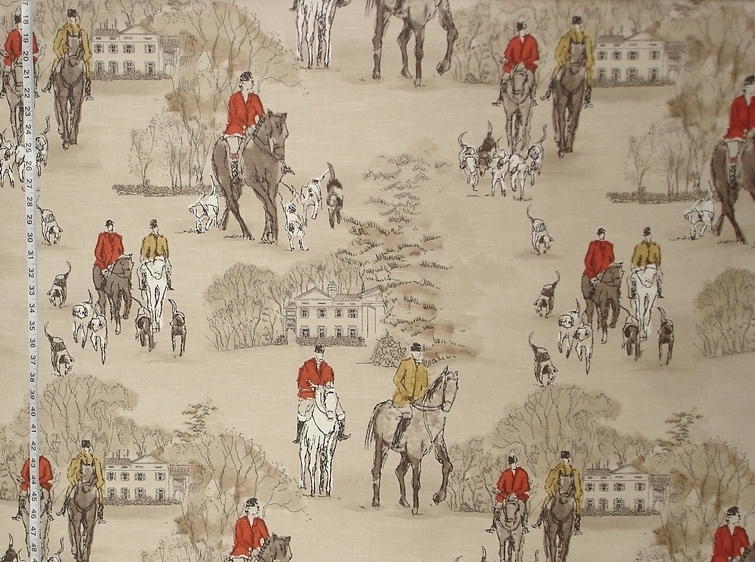 HORSE HUNT FABRIC IN RED AND GOLD