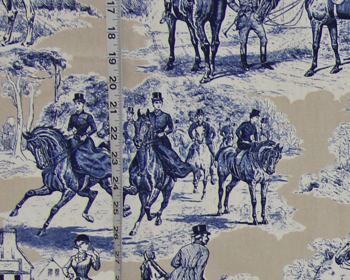 BLUE TAN TOILE HORSE FABRIC