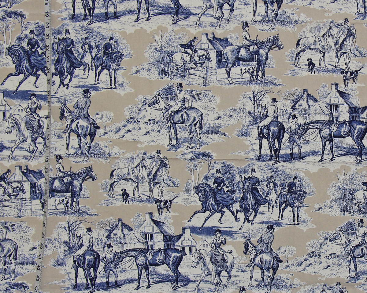 BLUE TAN VICTORIAN HORSE FABRIC