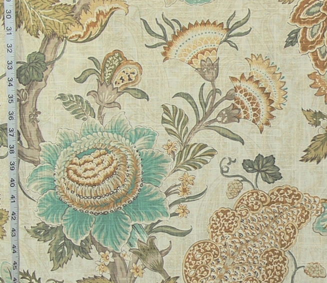 Blue gold  Indienne fabric tan paisley toile linen