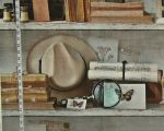 Library fabric books letters postcards hat trompe l'oeil