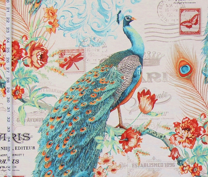 Peacock fabric Paris French letter butterfly stamp