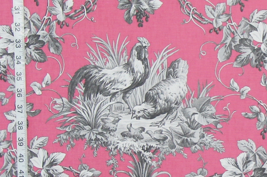 Pink rooster toile fabric French chicken