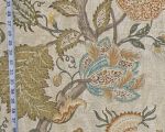 Blue gold  Indienne fabric tan paisley toile linen Remnant-23"