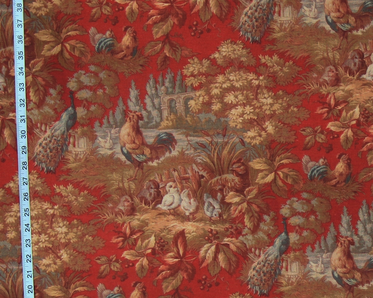 Red rooster toile fabric country peacock chickens from Brick House