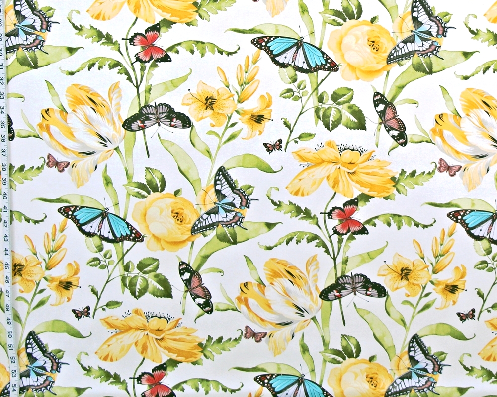 YELLOW TULIP ROSE BUTTERFLY FABRIC