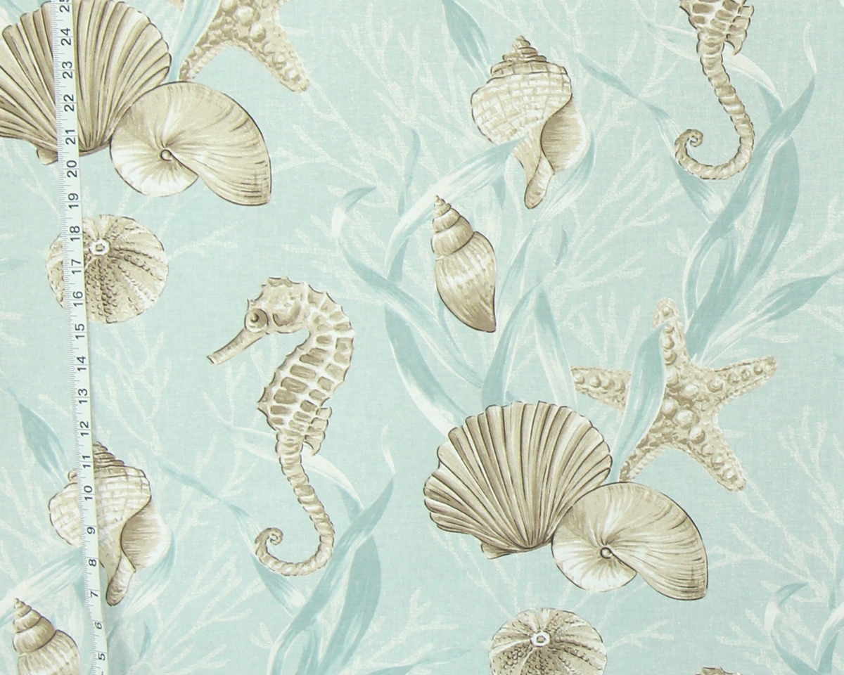 AQUA BLUE SEASHELL SEAHORSE FABRIC