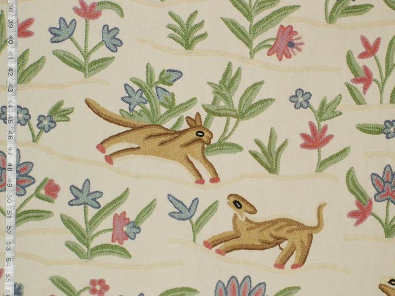 Embroidered crewel work fabric deer bird