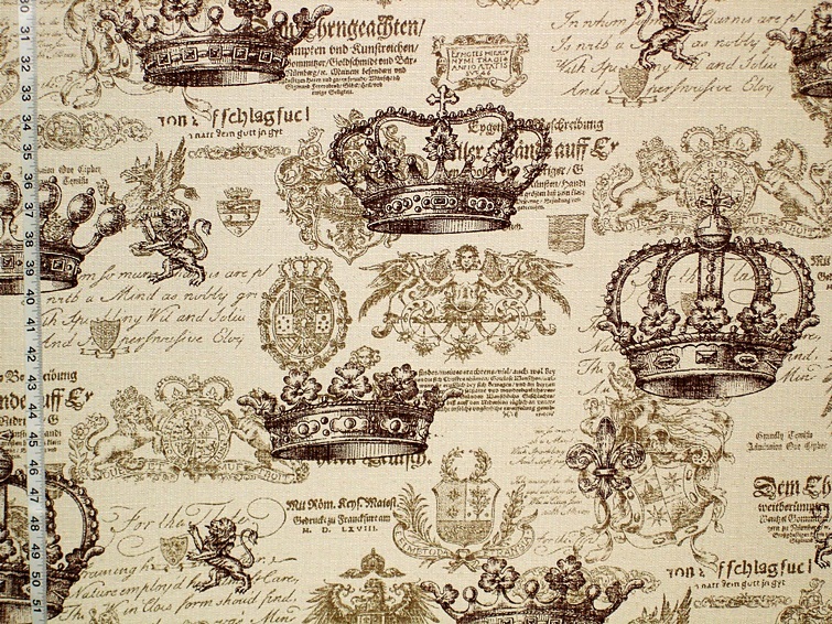 Midieval Print Fabric Crowns Script German English Castle Shabby Chic Sold BTY 