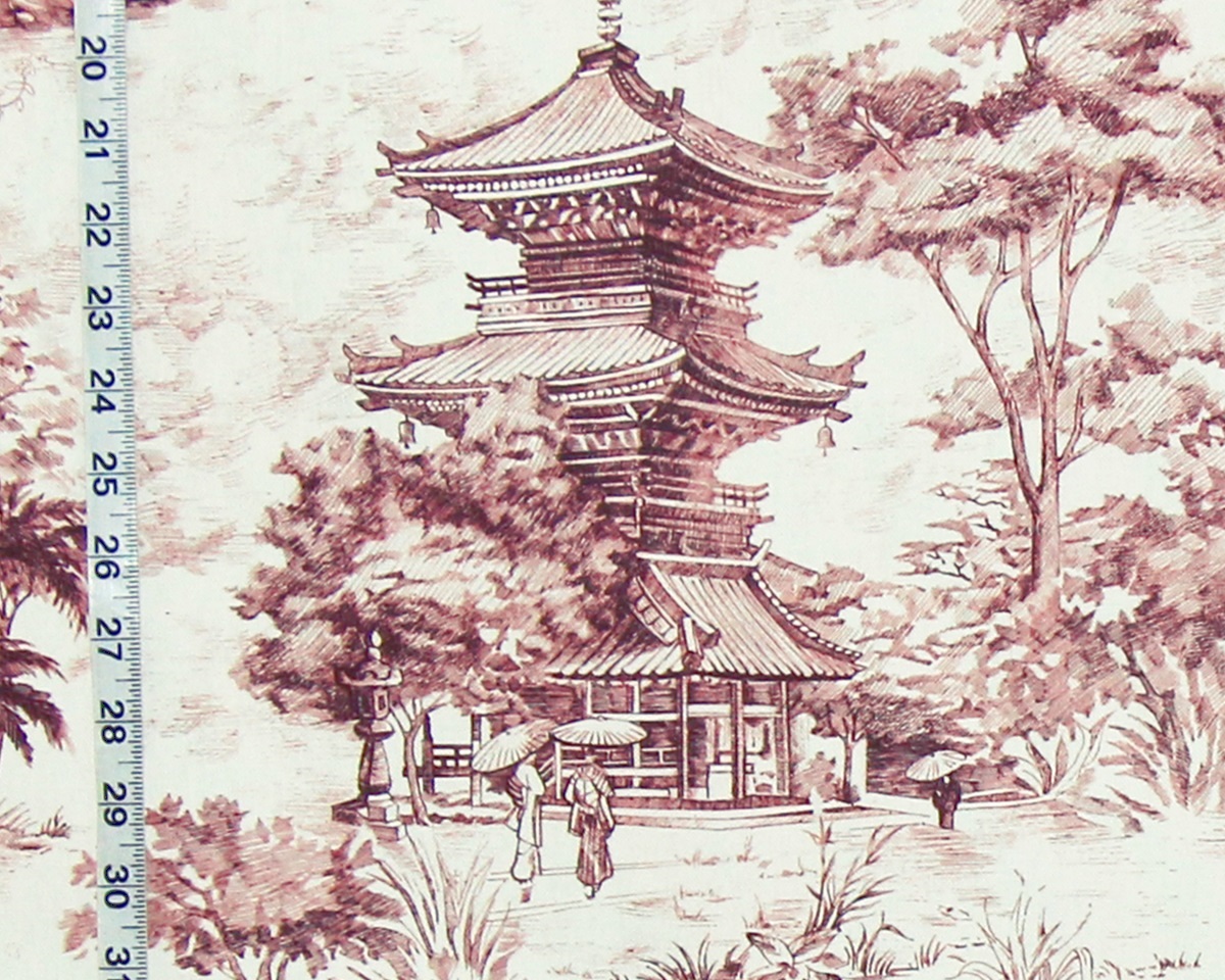 Pink pagoda toile fabric tropical Asian chinoiserie