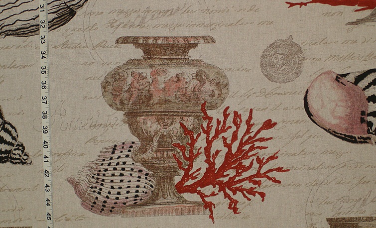 Seashell red coral fabric antique documentary toile