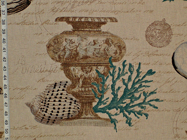 Seashell coral fabric antique documentary toile blue